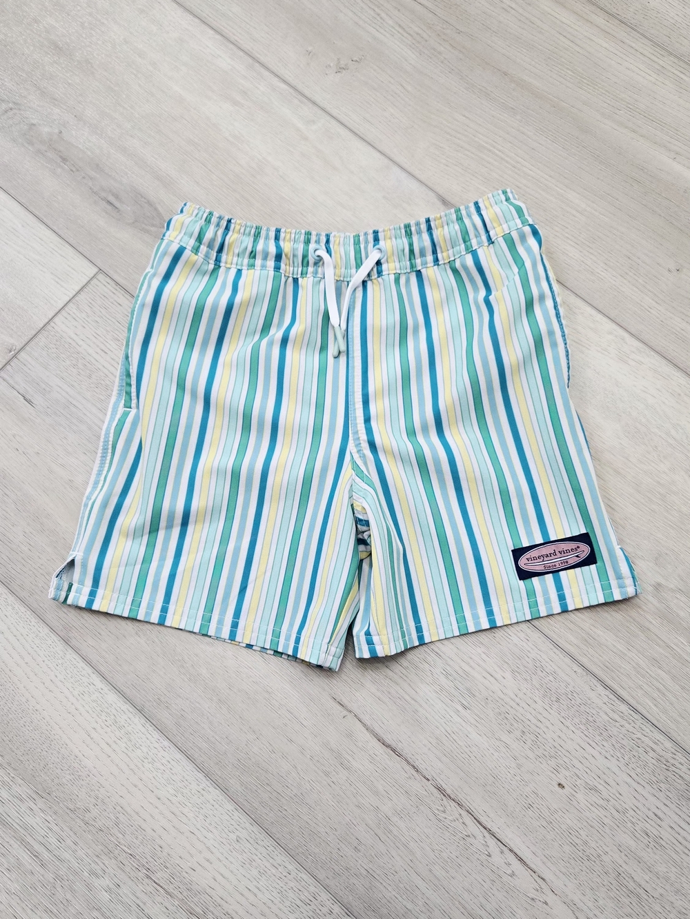 Vineyard Vines Kids Stripe Swim Trunks in Teal, Blue, Yellow, White